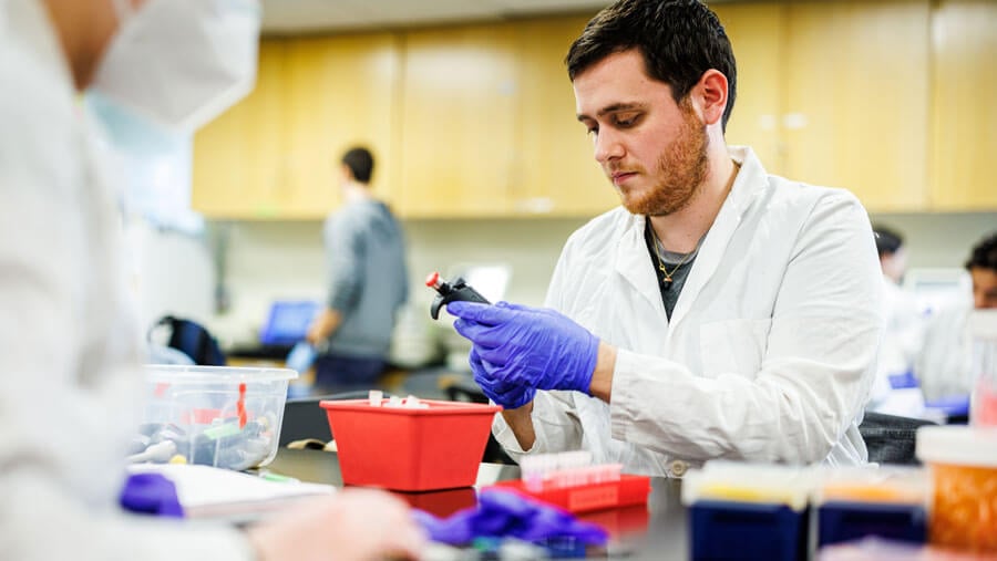 A student works on an experiment during class in a lab setting.