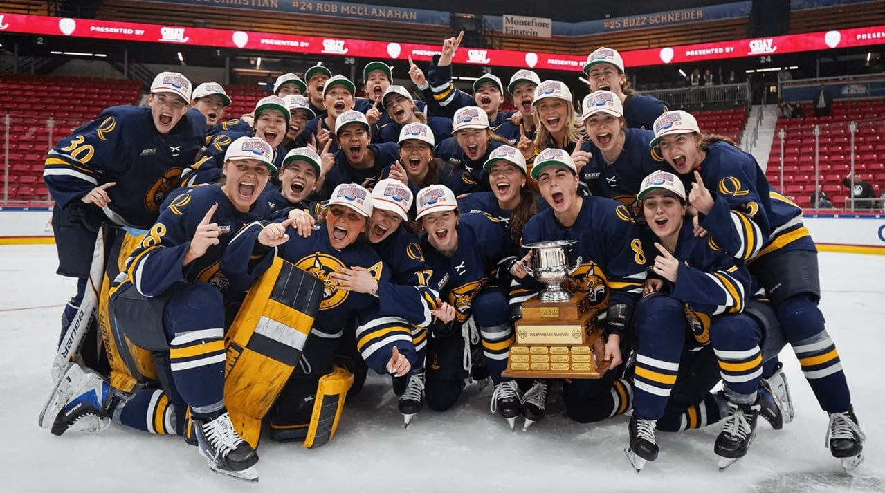 Quinnipiac women's ice hockey with the ECAC Championship trophy on the ice in Lake Placid.