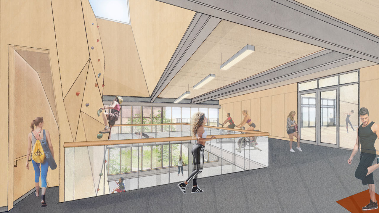 Rendering of students using climbing wall and fitness equipment