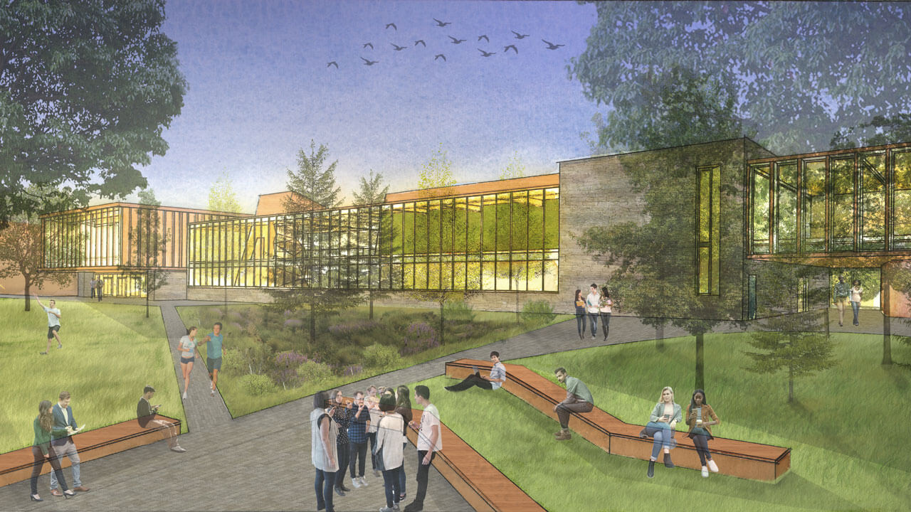 Rendering of green spaces outside wellness center