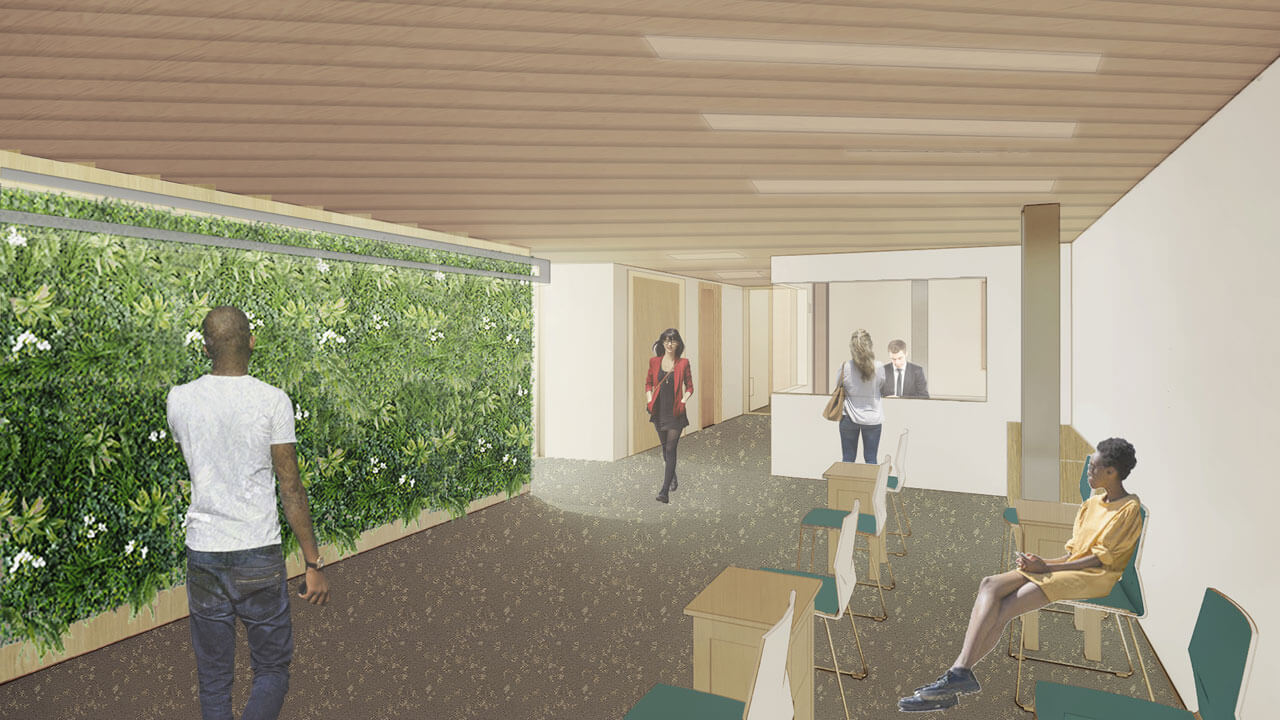 Rendering of counseling center waiting area with greenery wall