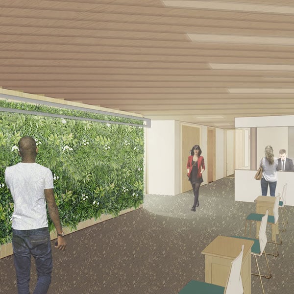 Rendering of the counseling center waiting area featuring a greenery wall