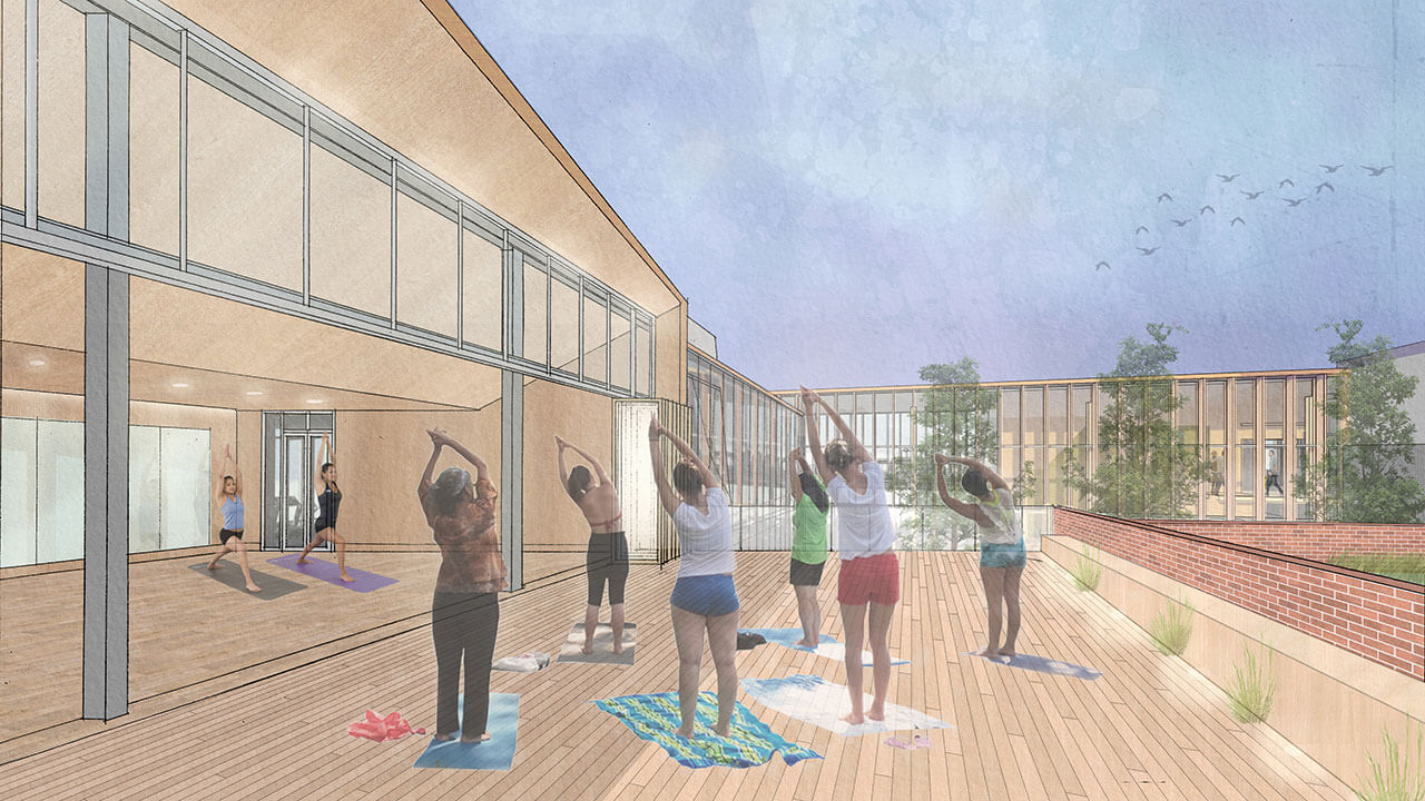 Rendering of students doing yoga outside at the new wellness center