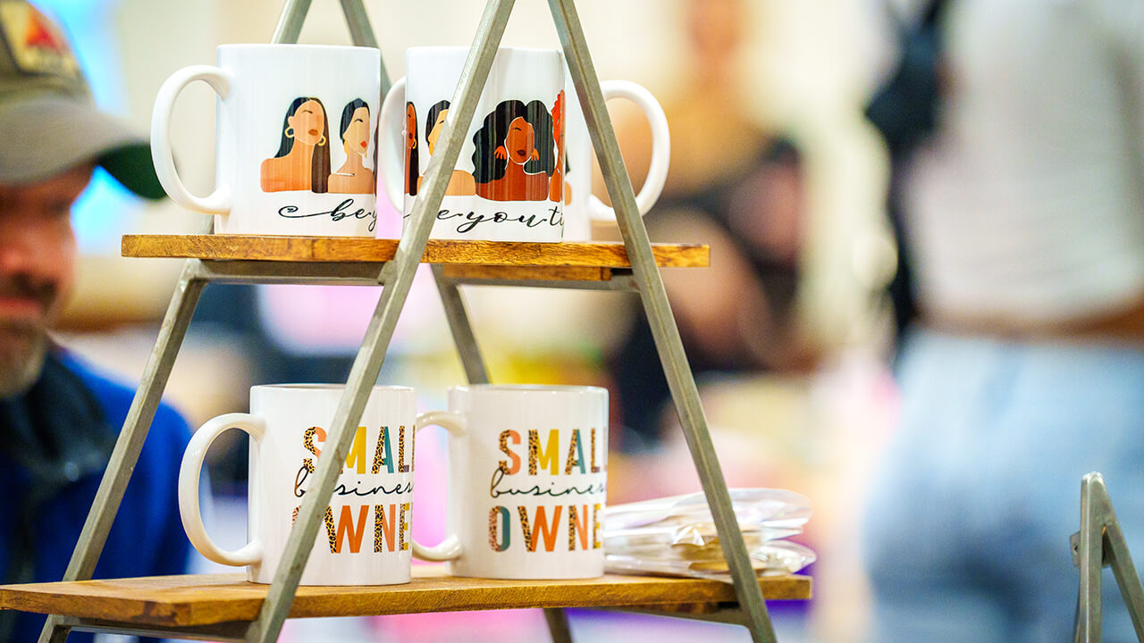 Photo of small owned business mugs on display
