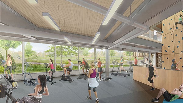 Digital drawing of students working out and doing yoga in the new recreation and wellness center