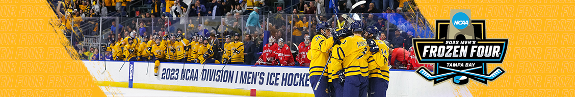 LinkedIn cover image featuring the Men's Ice Hockey team and Frozen Four 2023 logo