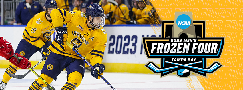 Facebook cover image featuring the Men's Ice Hockey team and Frozen Four 2023 logo