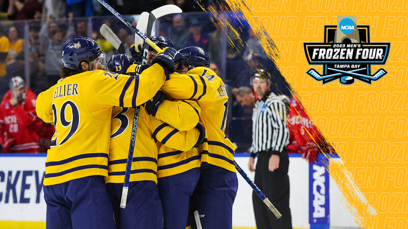 Zoom and desktop background featuring the Men's Ice Hockey team and Frozen Four 2023 logo
