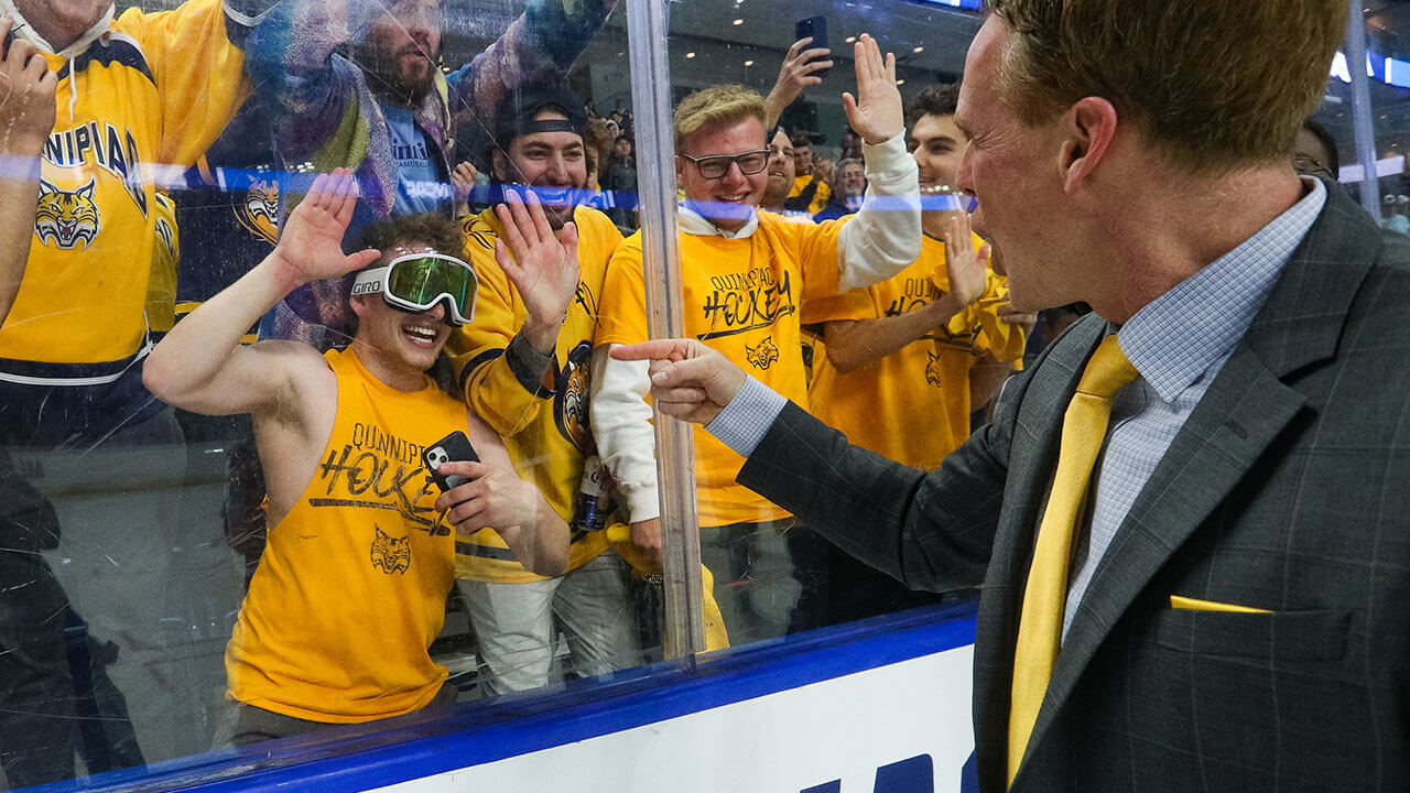 Rand Pecknold talks to fans in the student section