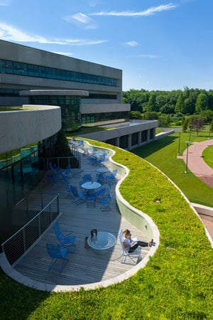 A student studies on the rooftop patio on the north haven campus