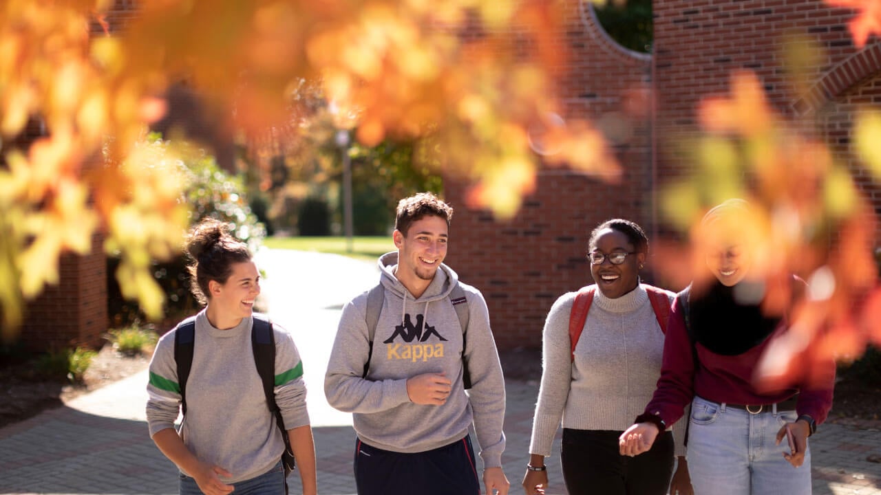 Four students walk across campus among fall foliage