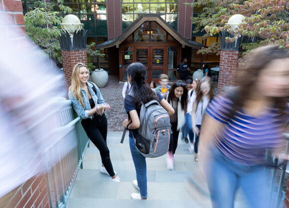 Undergraduate students conversing on the College of Arts and Sciences stairs.