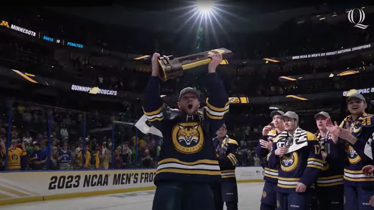 Quinnipiac ice hockey team Frozen Four National Champions celebration on ice video