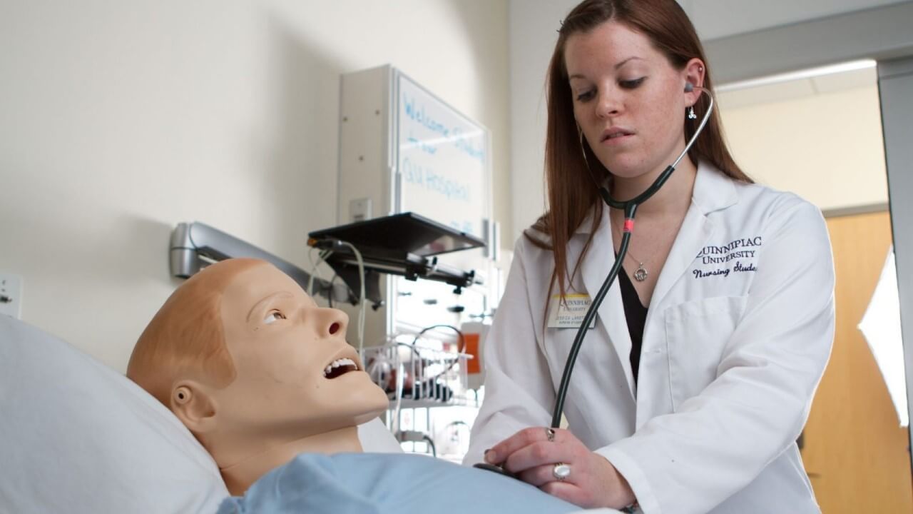 Nursing student in the clinical simulation lab at the Quinnipiac School of Health Sciences