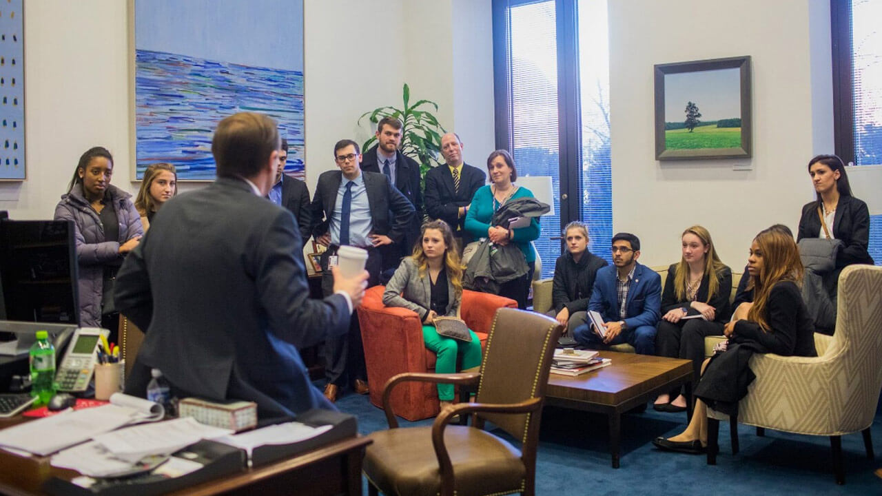 Quinnipiac students visit U.S. Senator Chris Murphy at his office in the Hart Senate Office Building in Washington D.C. as part of an intensive three-credit course that culminated with the inauguration of President Donald Trump in January 2017