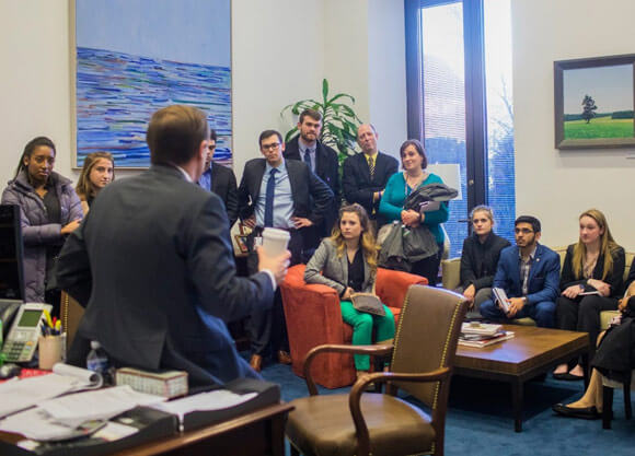 Quinnipiac students visit U.S. Senator Chris Murphy at his office in the Hart Senate Office Building in Washington D.C. as part of an intensive three-credit course that culminated with the inauguration of President Donald Trump in January 2017