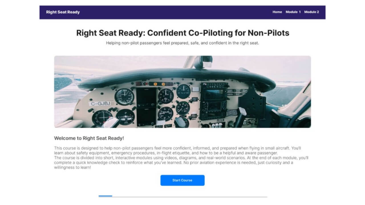 Prototype of the home page for Right Seat Ready