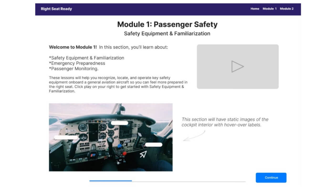 Prototype of the module 1 welcome page for Right Seat Ready