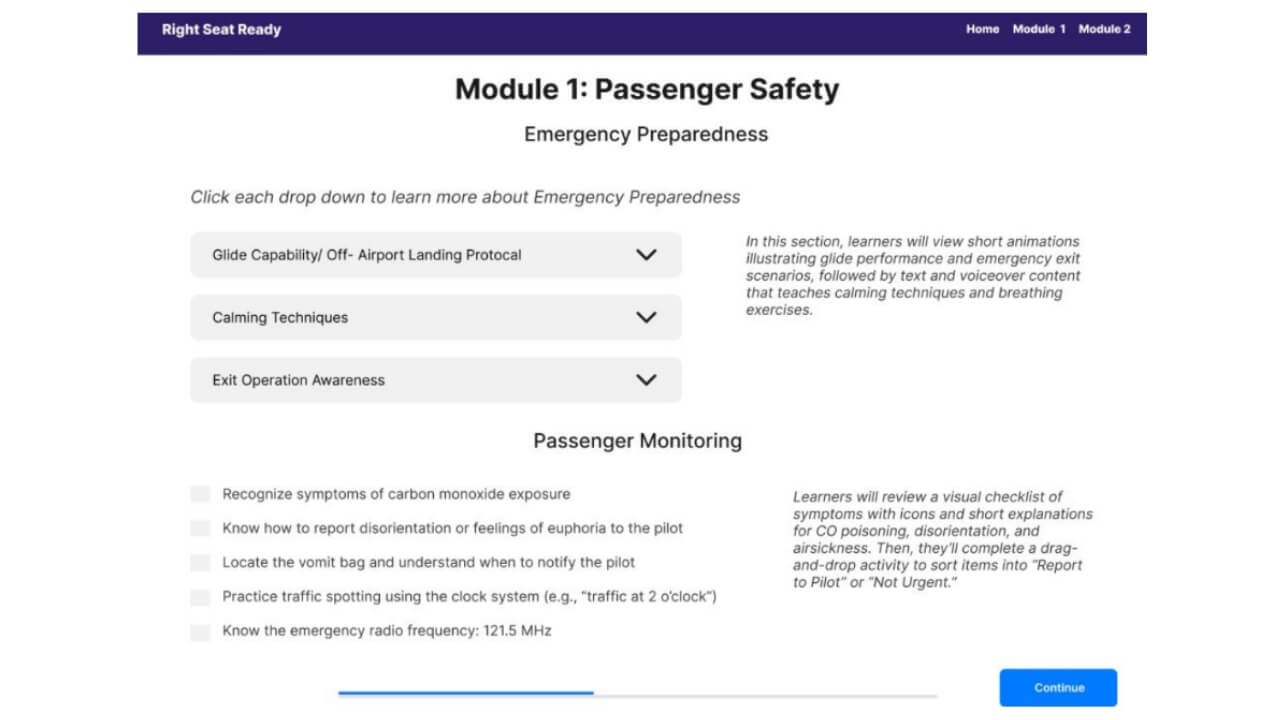 Prototype of the module 1 passenger saftey page for Rigth Seat Ready