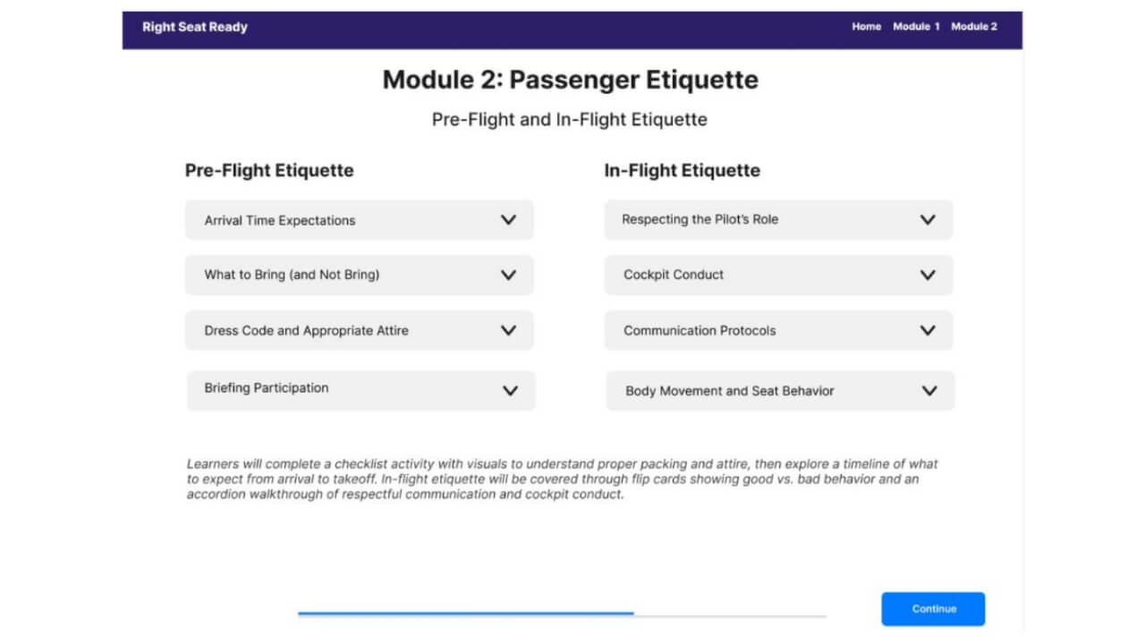 Prototype for the module two passgenger etiquette page for Right Seat Ready
