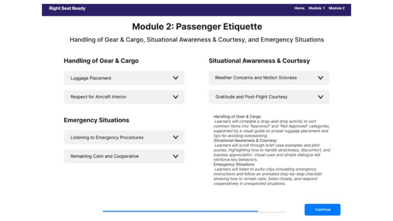 Prototype for the module two passgenger etiquette page for Right Seat Ready