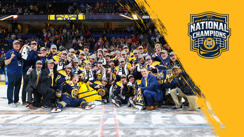 Zoom and desktop background featuring the Quinnipiac NCAA Men's Ice Hockey Champions 2023 logo and team