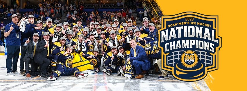 Facebook cover image featuring the Quinnipiac NCAA Men's Ice Hockey Champions 2023 logo and team