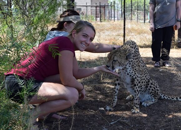 Student Angie King pets a leopard at a zoo while studying abroad