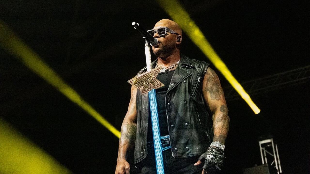 Flo Rida sings on stage at the Wake the Giant concert in the M&T Bank Arena