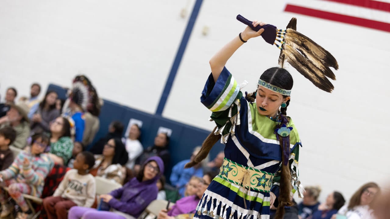 A performer in traditional regalia dances at Quinnipiac’s annual Dancing in the Shadow of Sleeping Giant Powwow
