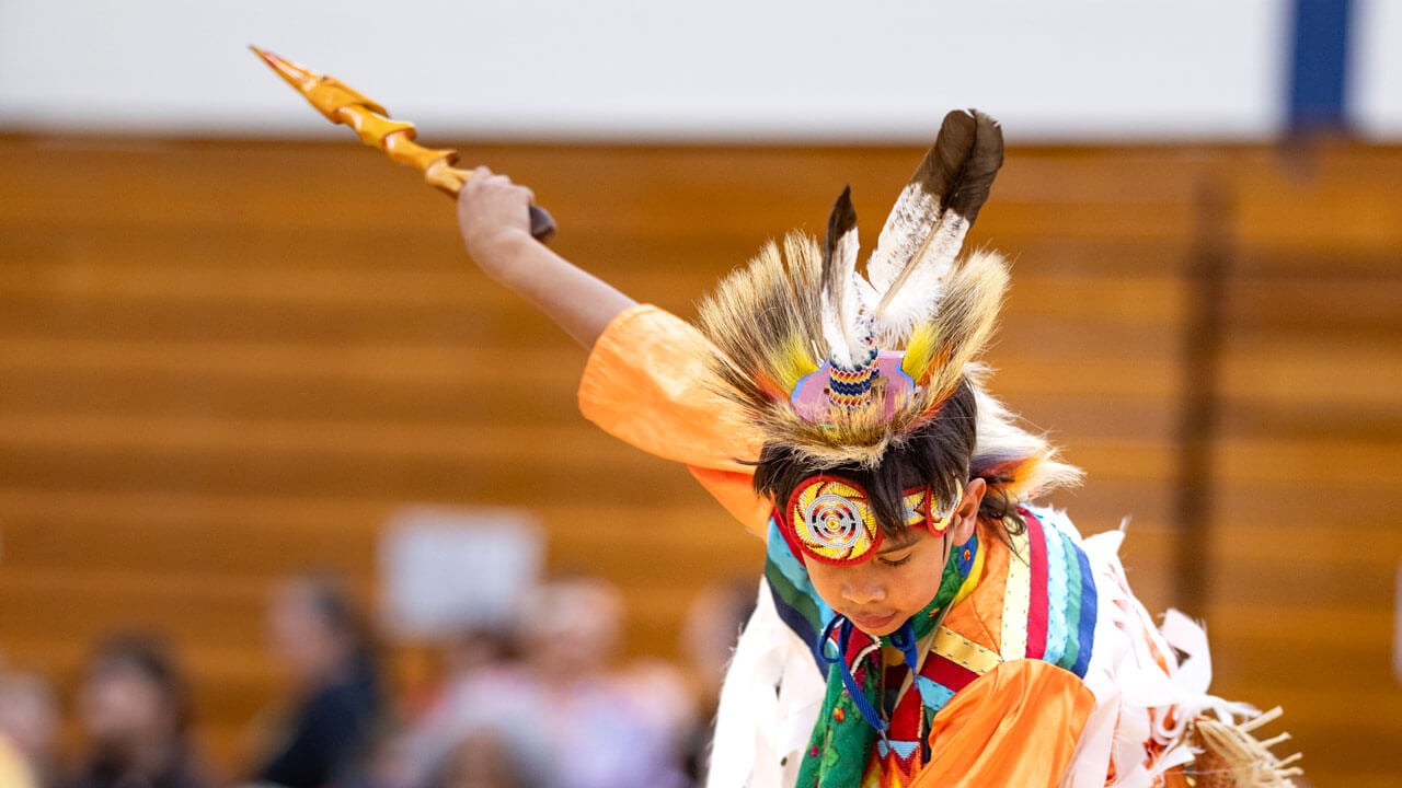 A Powwow dancer showcases traditional movements at Quinnipiac’s Dancing in the Shadow of Sleeping Giant gathering