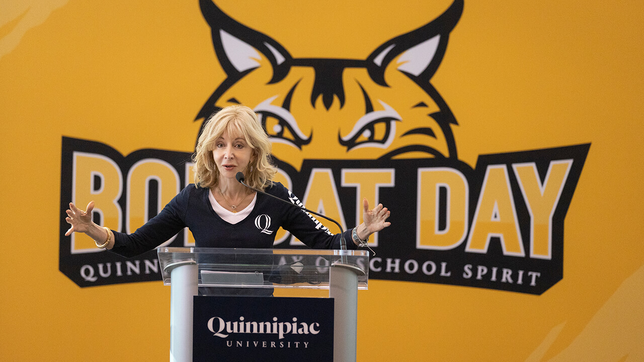 President Judy Olian speaks at Bobcat Day.