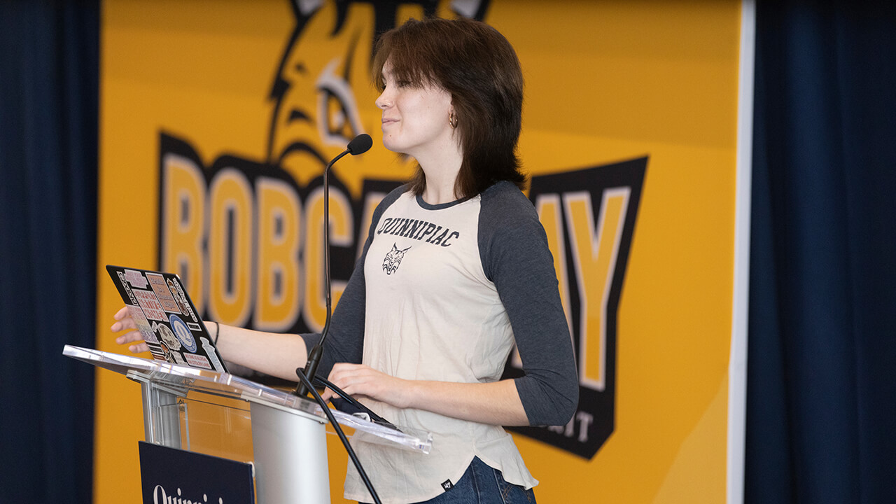 A student speaks at Bobcat Day.