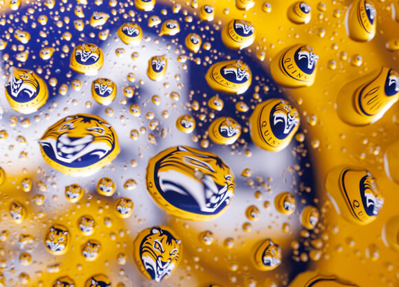 Bobcat logo shown in water droplets with a macro lens