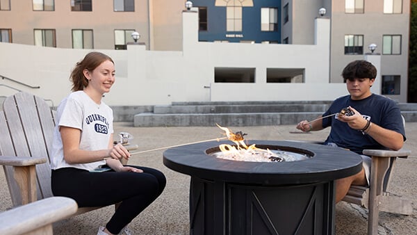 Students talking and sitting around the fire pits