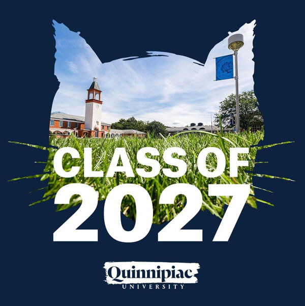 View of Quinnipiac quad through Bobcat-shaped frame reading Class of 2027