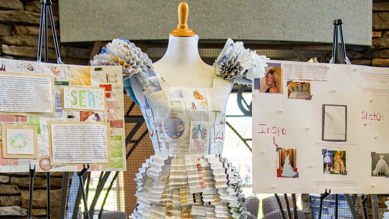 An eco-friendly dress made of an anatomy textbook pages