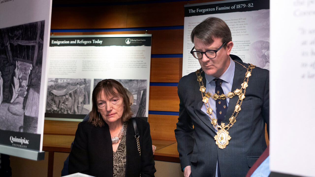 Mayor of Galway Niall McNelis receives a tour of the James Hack Tuke Exhibition and Emigration Scheme by curators Dr. Gerard Moran and Professor of History Christine Kinealy