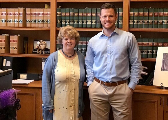 Nick Ennis JD '19 and Justice Sydney Hanlon, of the Massachusetts Court of Appeals.