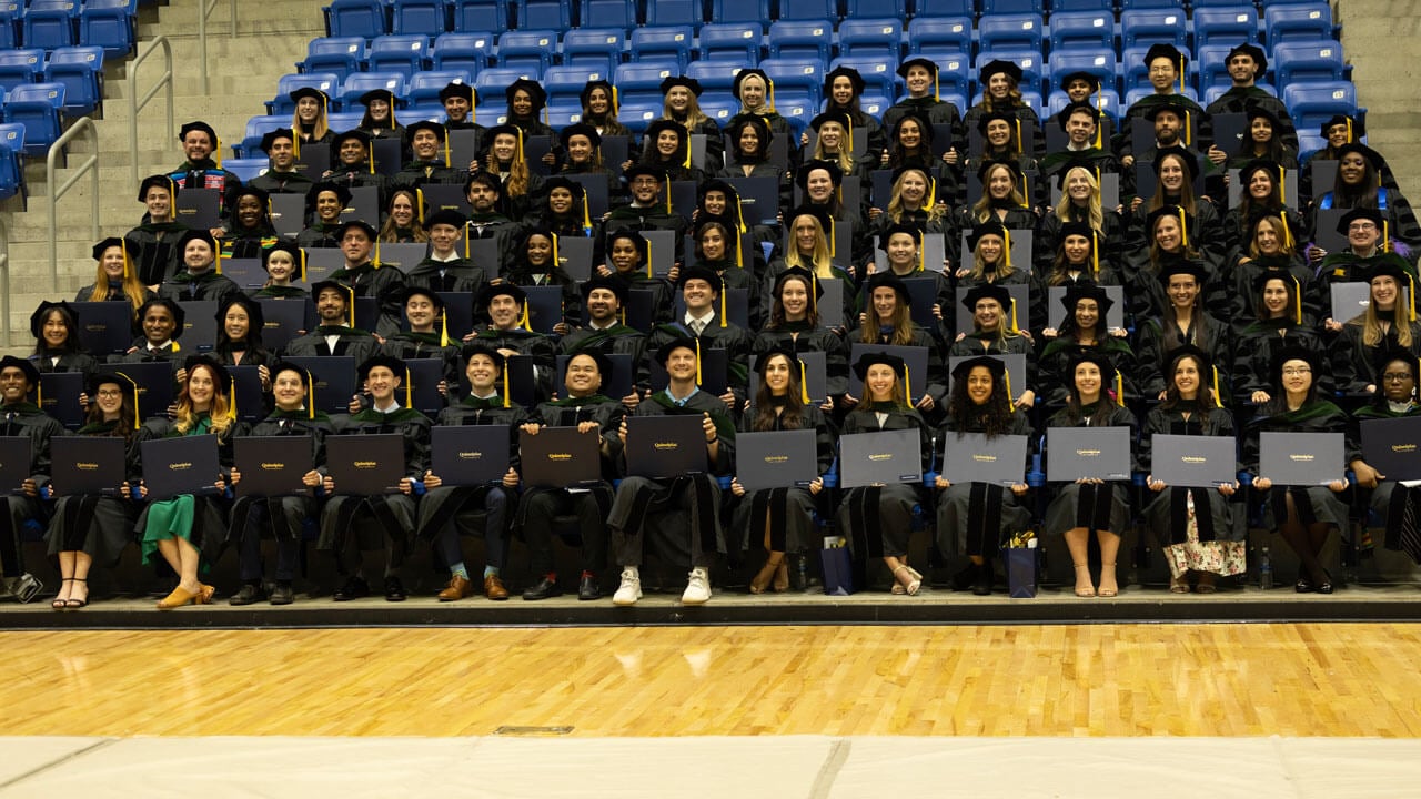 All medicine graduates sitting and posing for a portrait during graduation