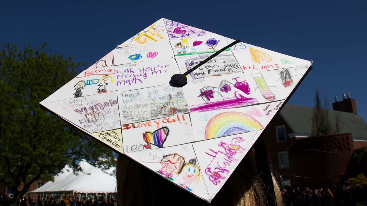 Graduate cap decorated with drawings from their students