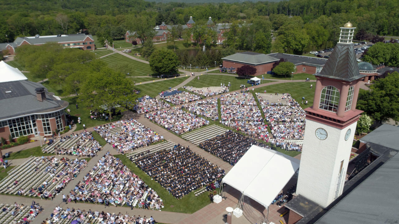 Aerial view of parents and students sat ready for graduation ceremony to begin