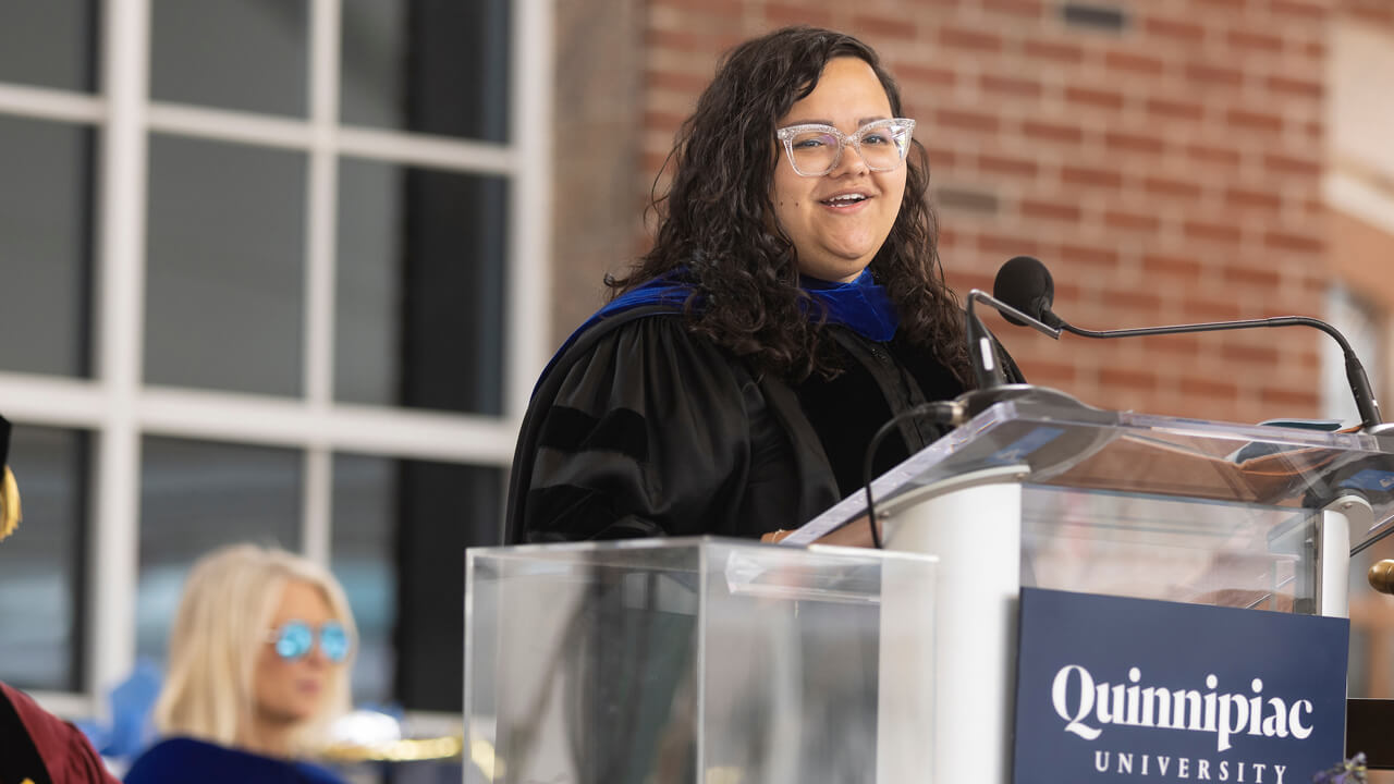 Keynote Speaker Crystal Maldonado address students at the Undergraduate Commencement Ceremony
