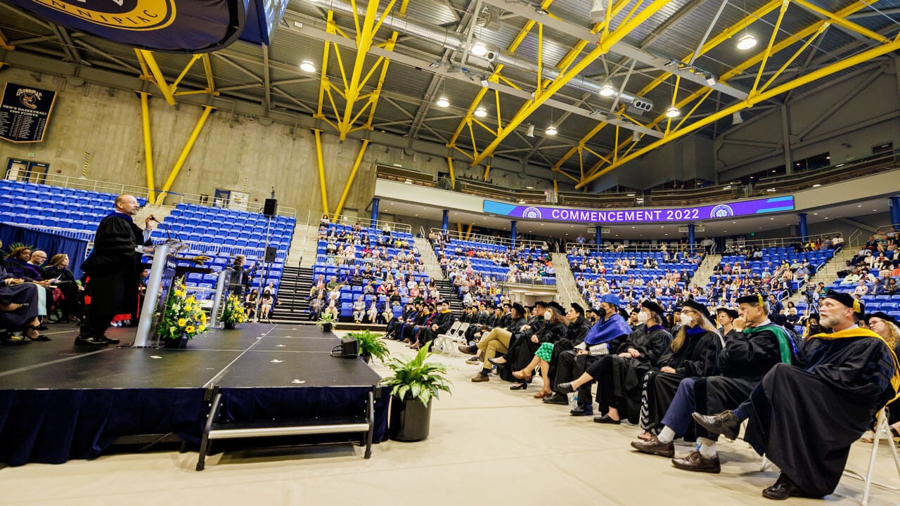 The basketball arena during commencement