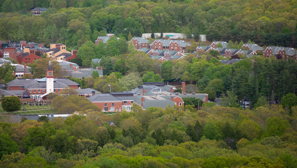 Aerial view of Mount Carmel quad on commencement day in May