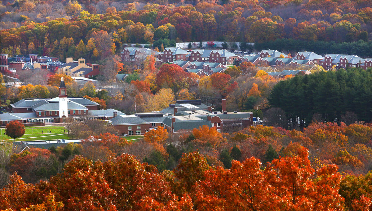 Aerial view of Mount Carmel quad on an autumn day
