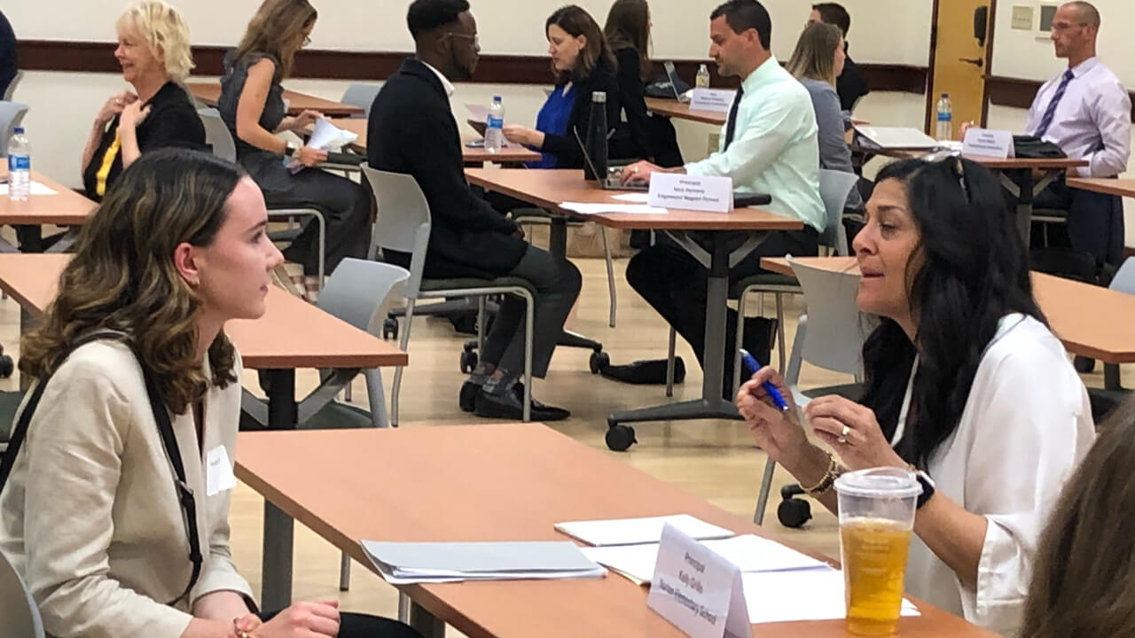 Students in the School of Education participate in a session of mock interviews with principals and superintendents from across the state of Connecticut.