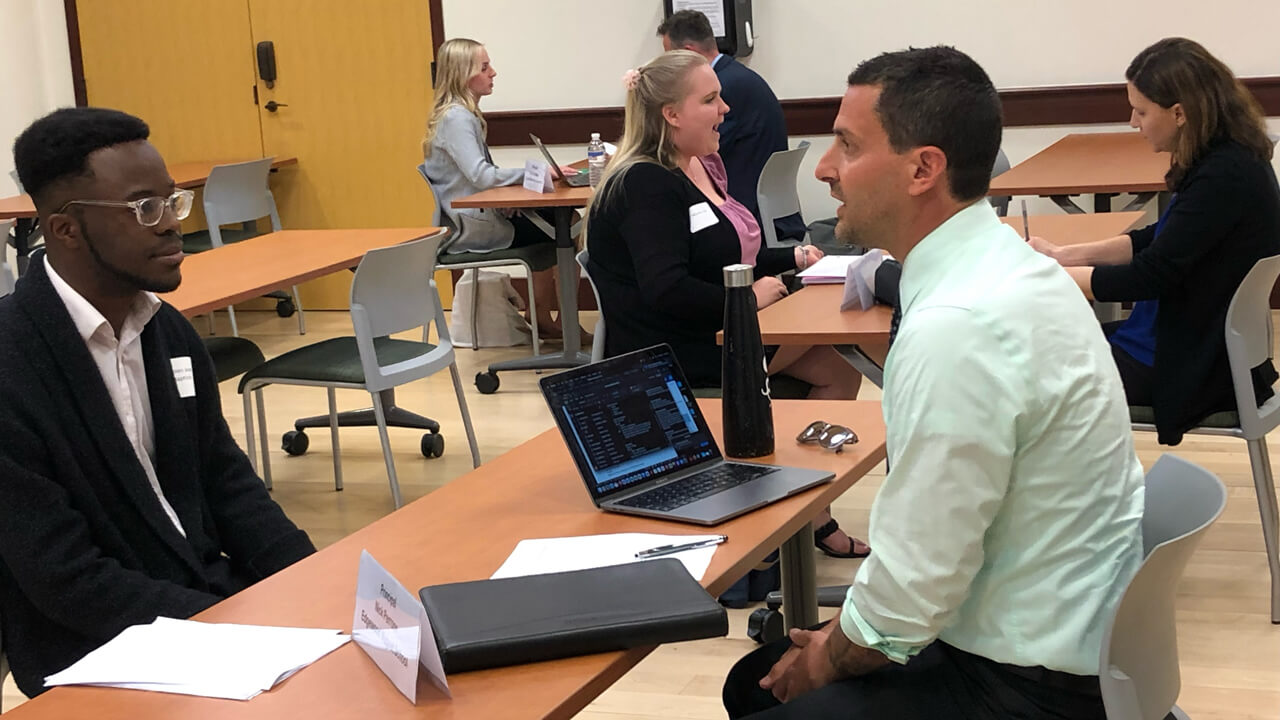 Students in the School of Education participate in a session of mock interviews with principals and superintendents from across the state of Connecticut.