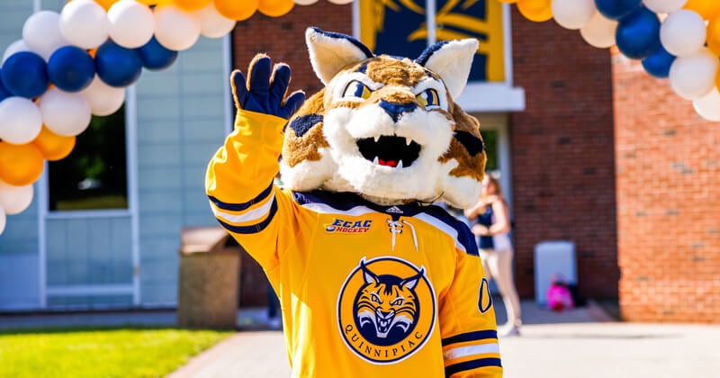 Boomer the mascot waves as he welcome people to campus