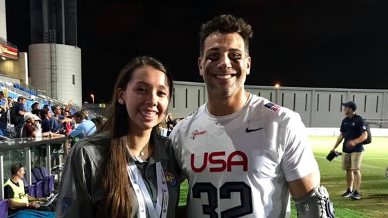 Haley with Team USA FOGO Greg Gurenlian on the sideline at the World Lacrosse Championships in Netanya Israel (2018)